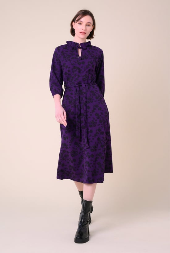 Tie Frill Neck Printed Midi Dress