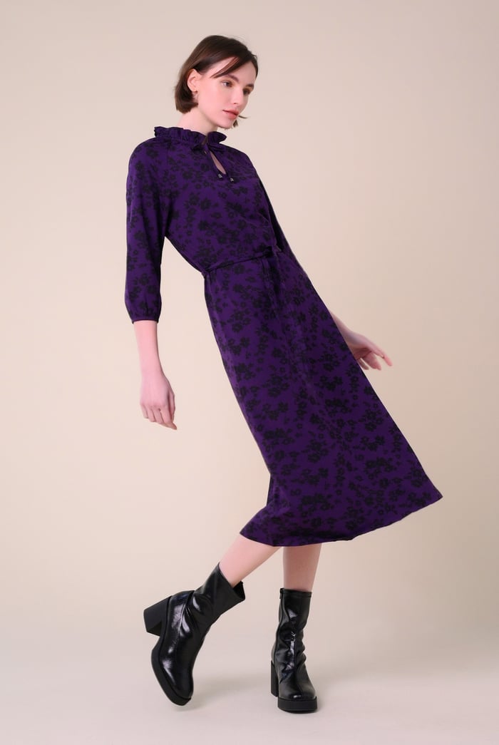 Tie Frill Neck Printed Midi Dress