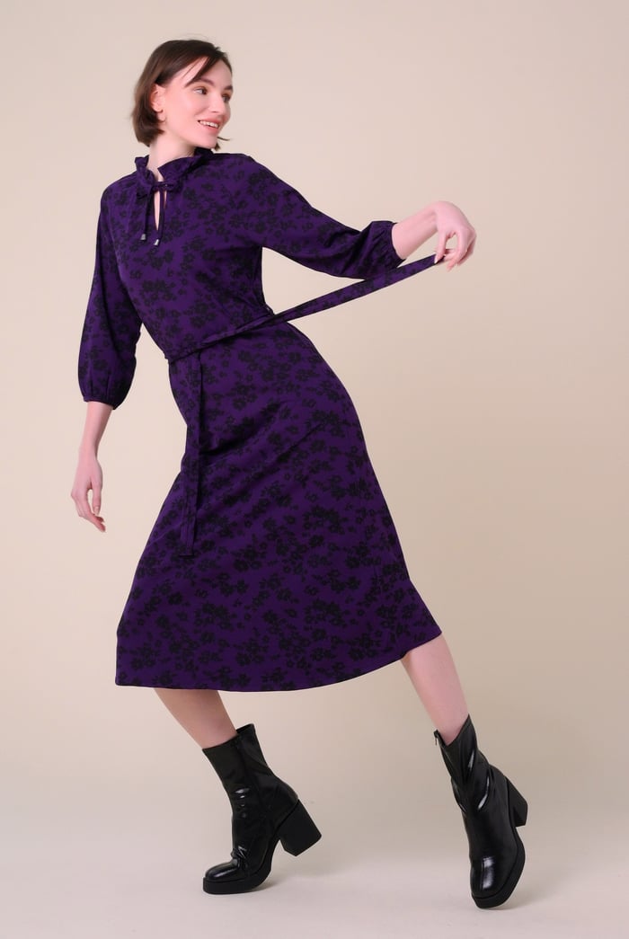 Tie Frill Neck Printed Midi Dress