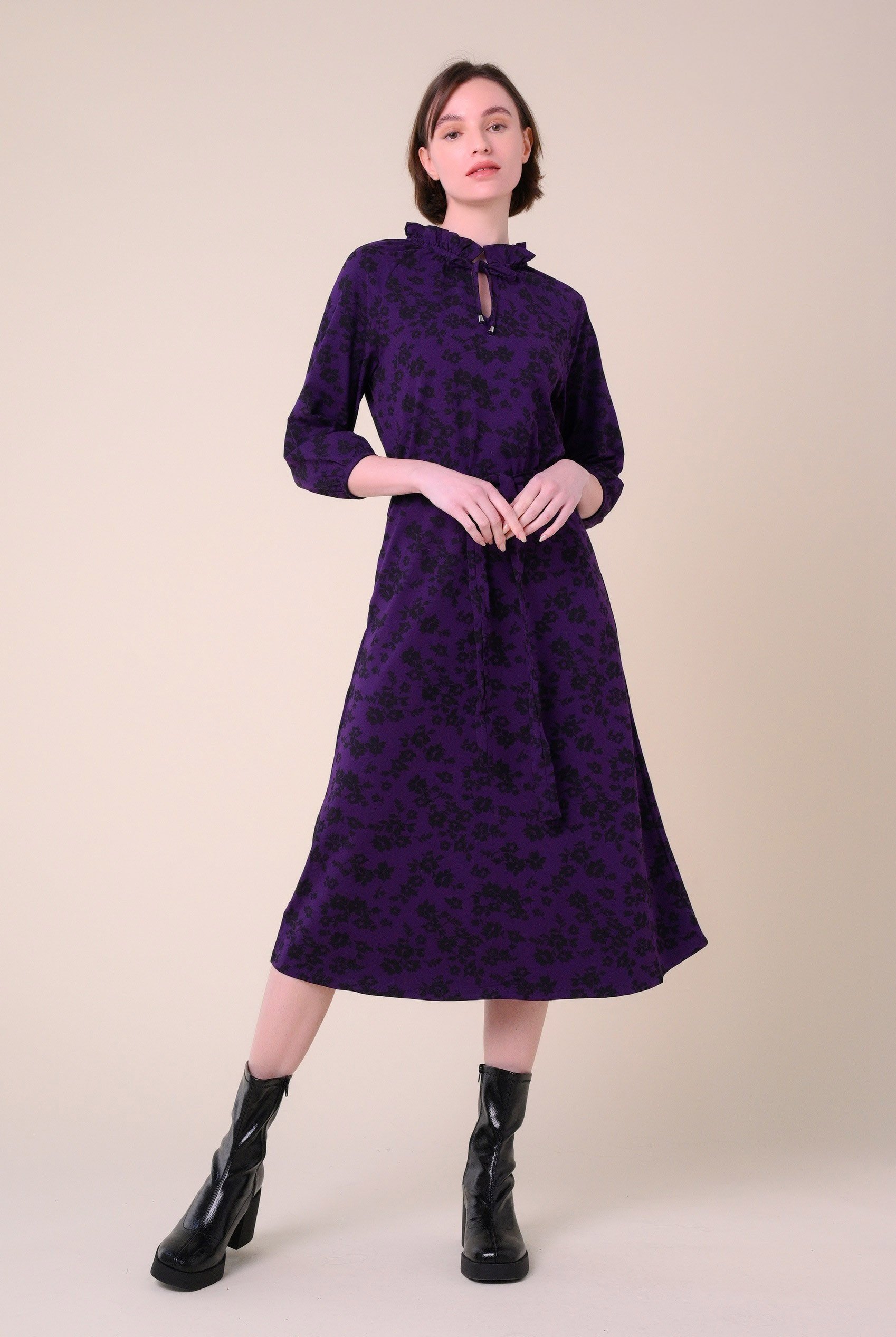 Tie Frill Neck Printed Midi Dress
