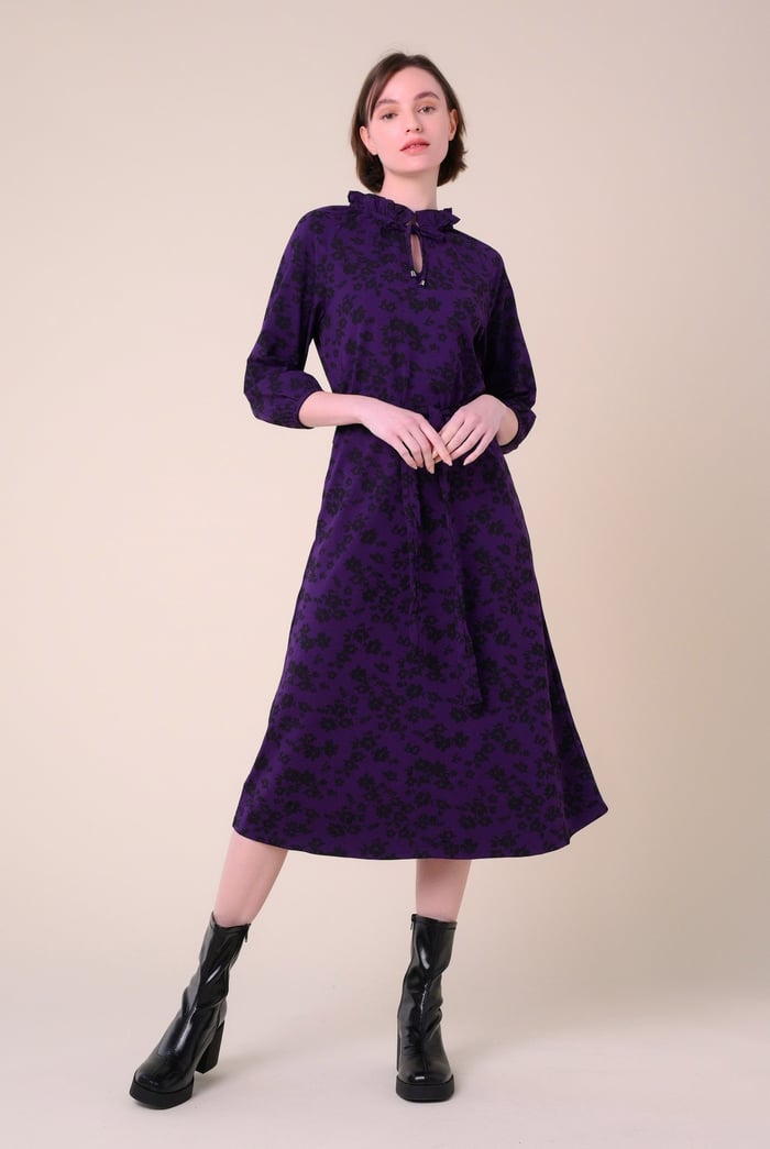 Tie Frill Neck Printed Midi Dress