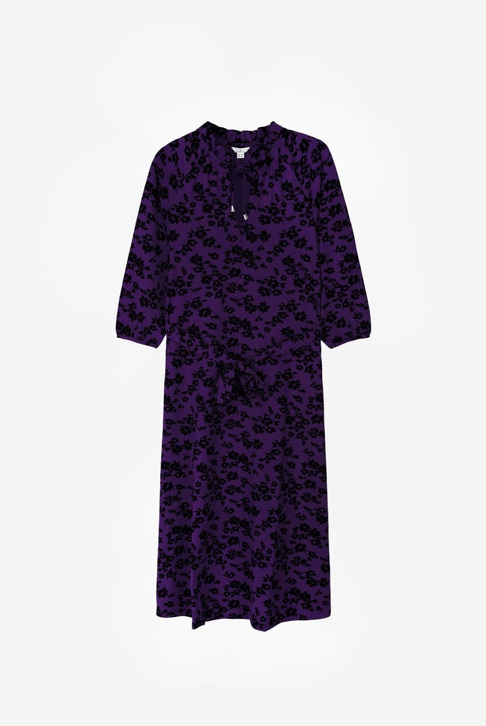 Tie Frill Neck Printed Midi Dress