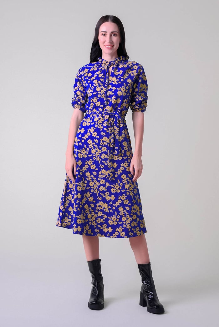 Tie Frill Neck Printed Midi Dress