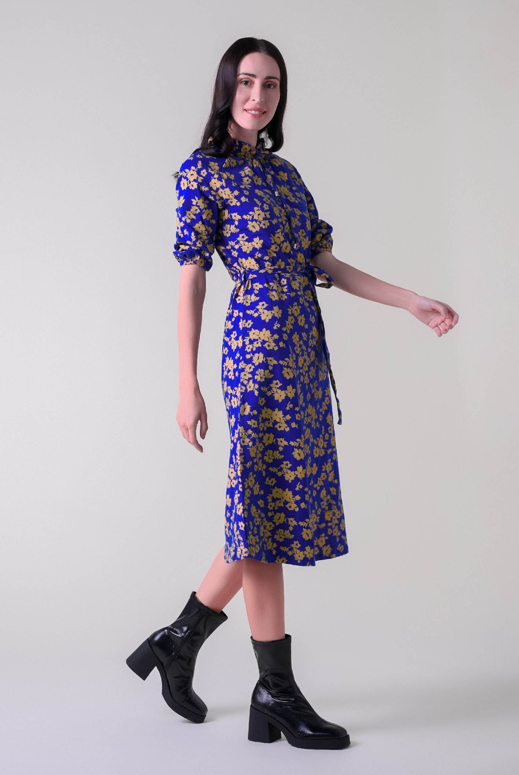 Tie Frill Neck Printed Midi Dress