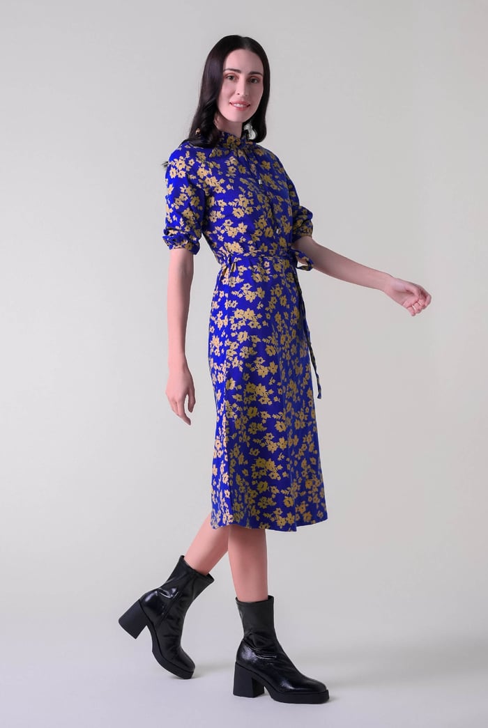 Tie Frill Neck Printed Midi Dress