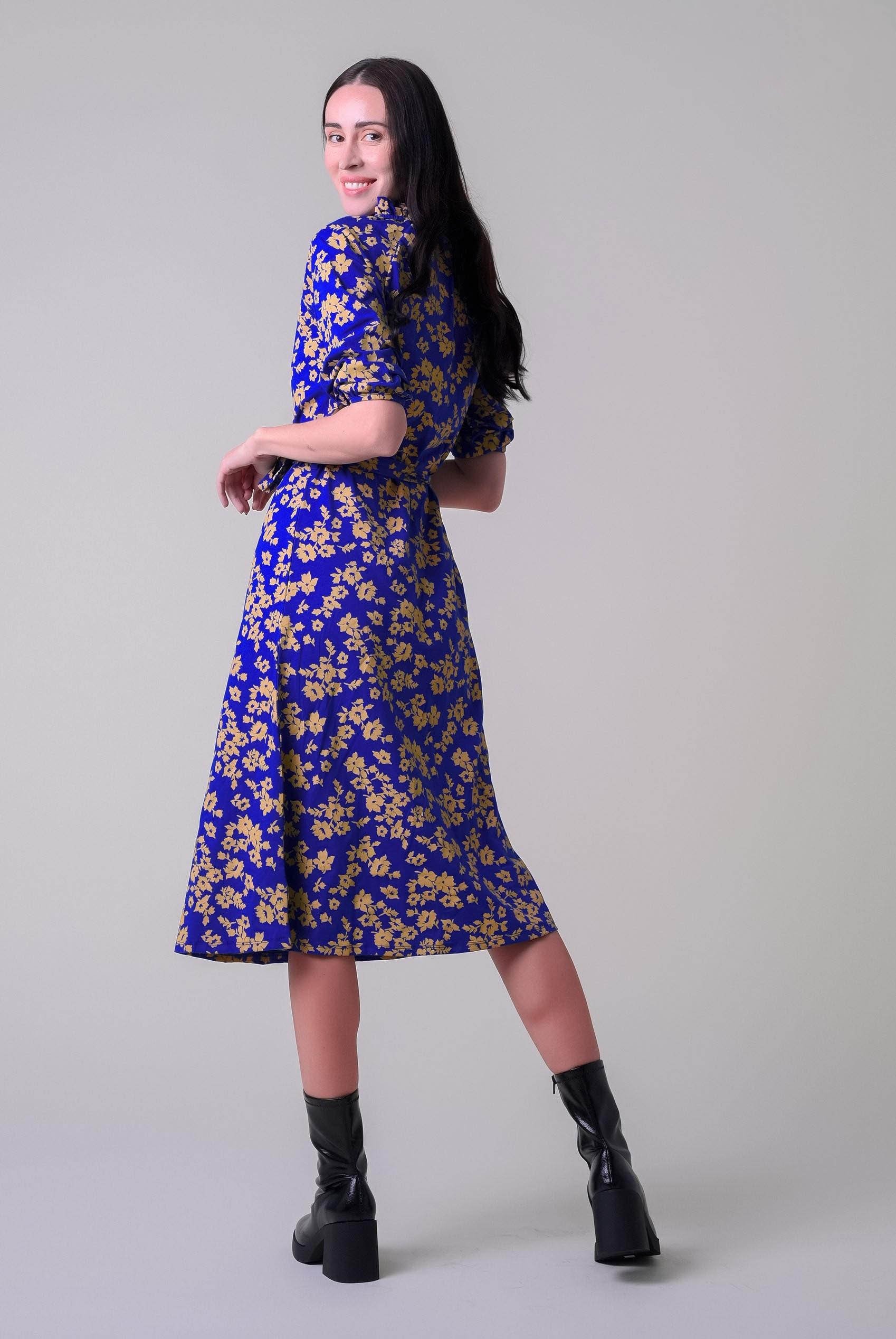 Tie Frill Neck Printed Midi Dress