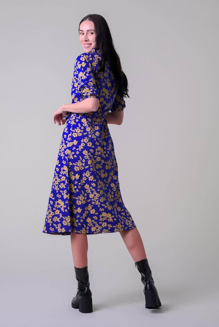 Tie Frill Neck Printed Midi Dress