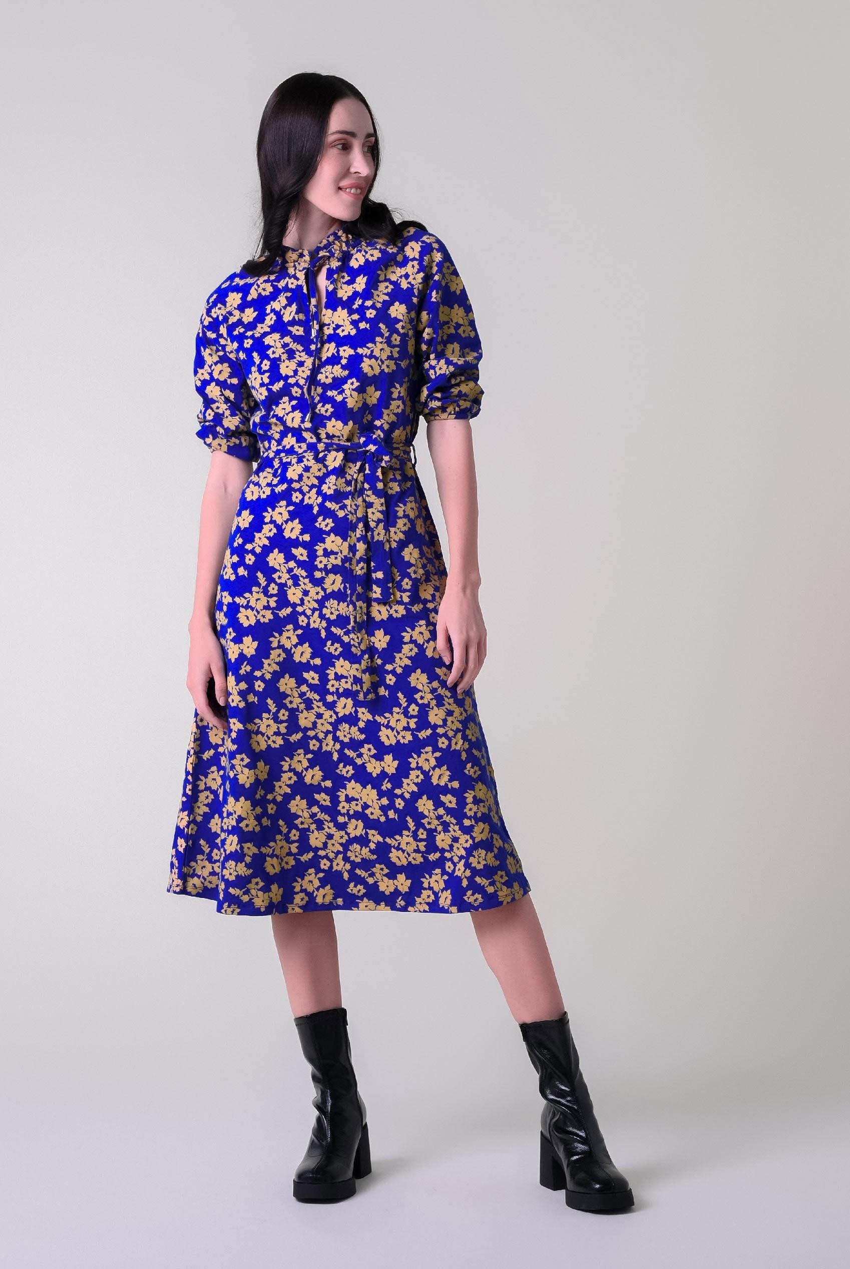 Tie Frill Neck Printed Midi Dress