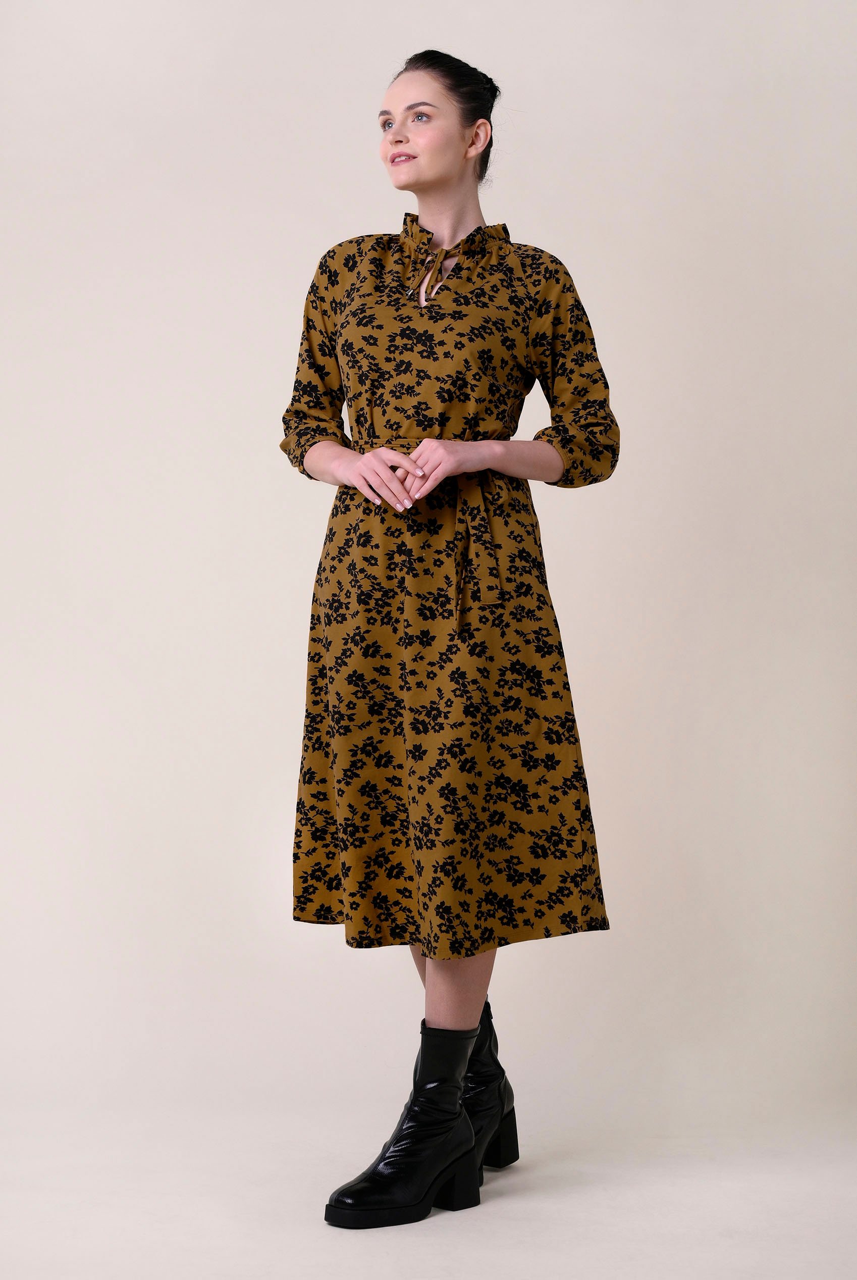 Tie Frill Neck Printed Midi Dress