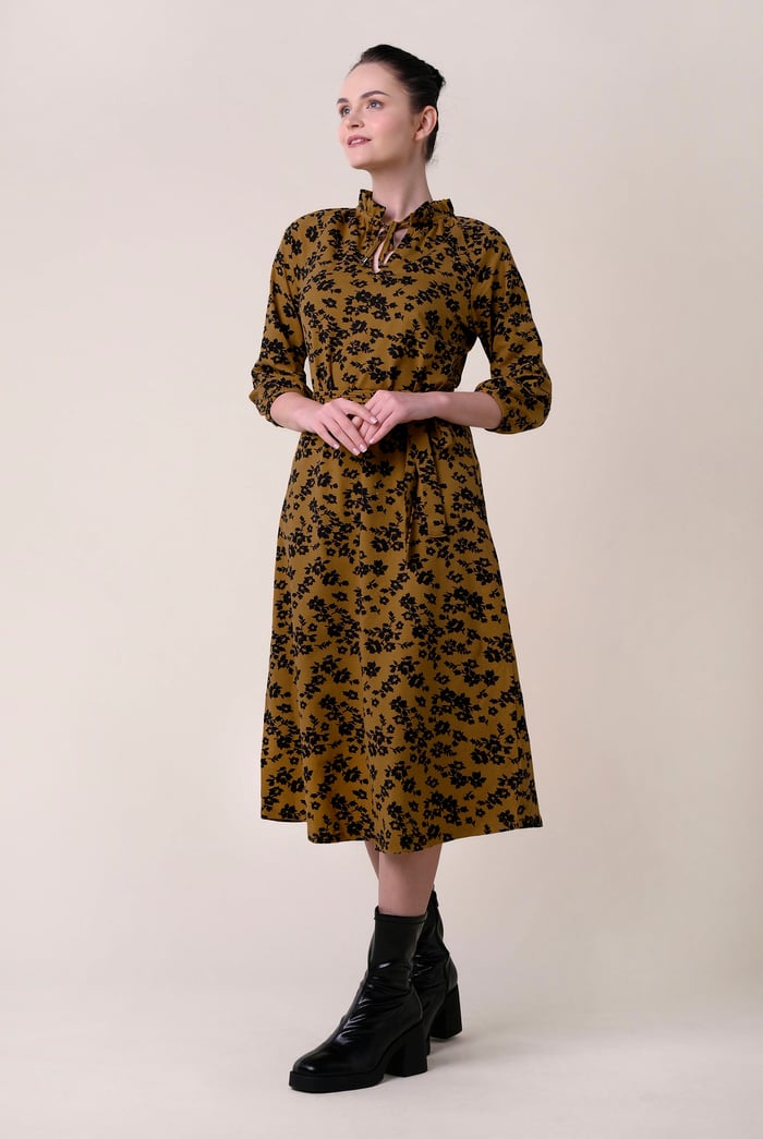Tie Frill Neck Printed Midi Dress