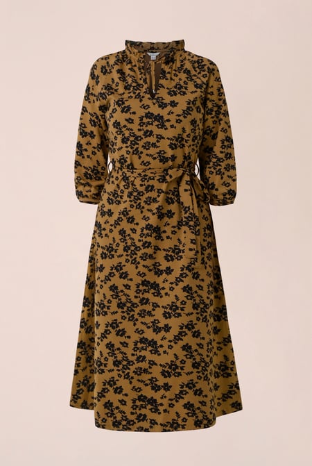 Purple Tie Frill Neck Printed Midi Dress
