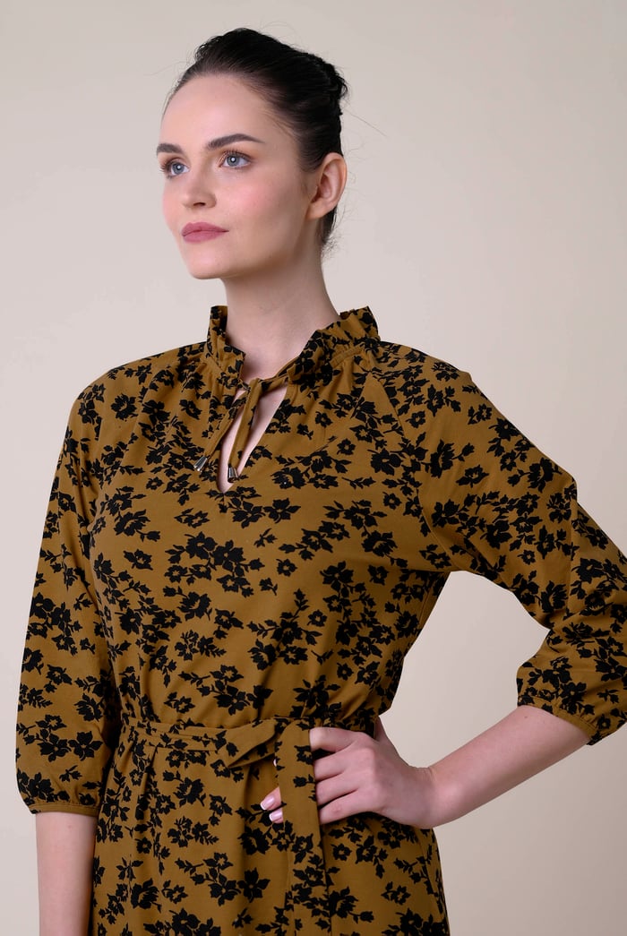 Tie Frill Neck Printed Midi Dress