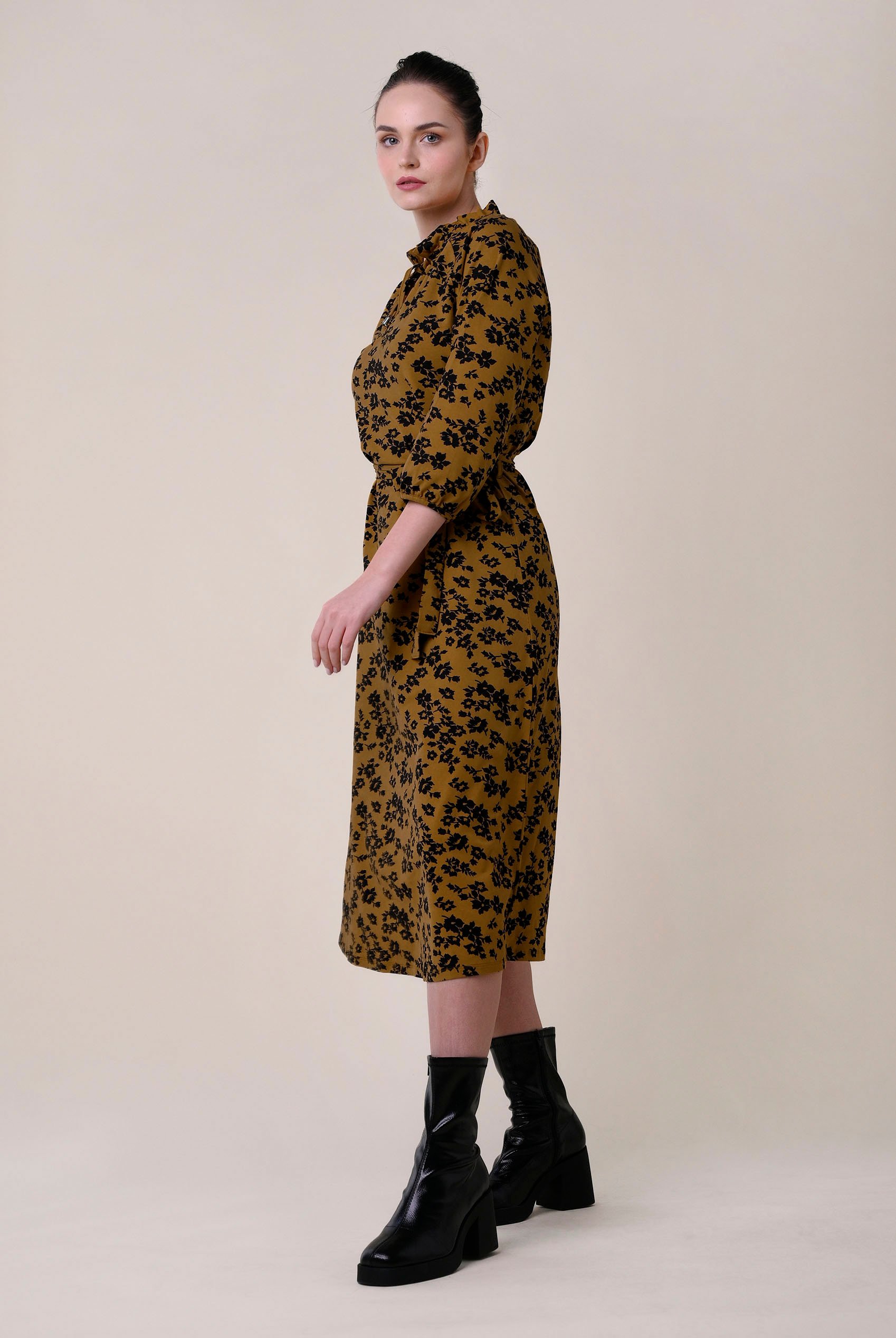 Tie Frill Neck Printed Midi Dress