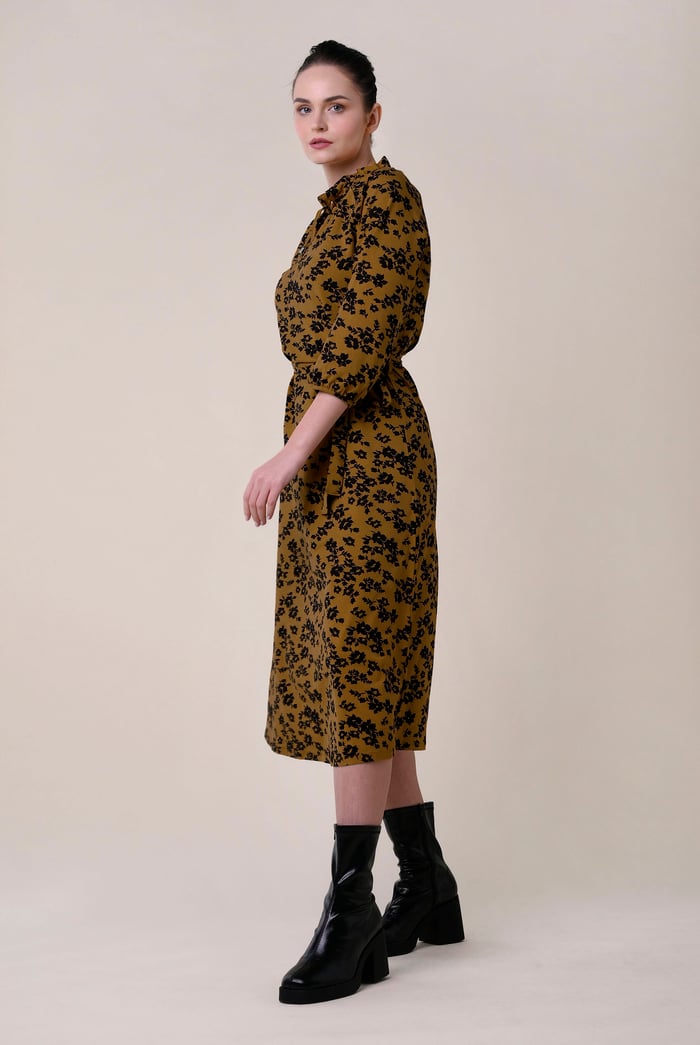 Tie Frill Neck Printed Midi Dress