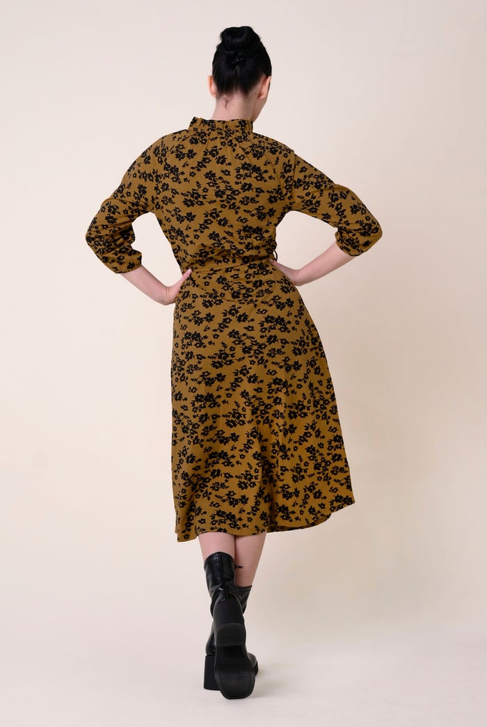 Tie Frill Neck Printed Midi Dress
