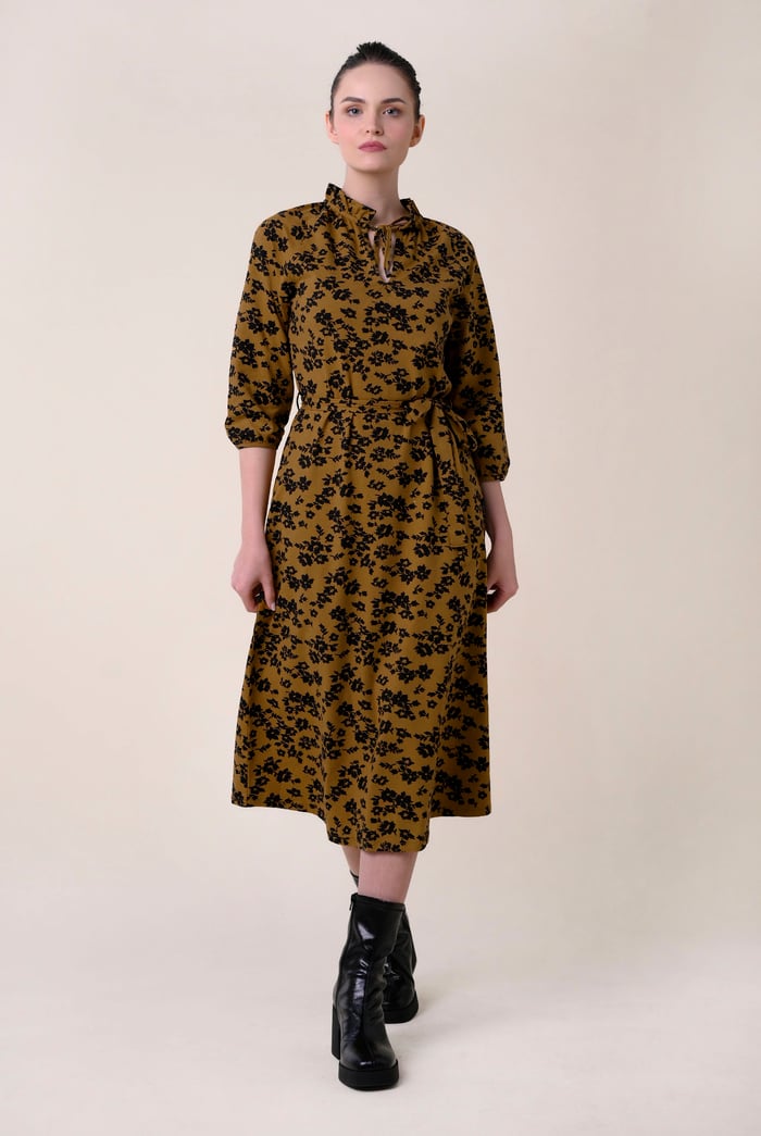 Tie Frill Neck Printed Midi Dress
