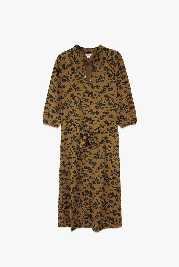 Tie Frill Neck Printed Midi Dress