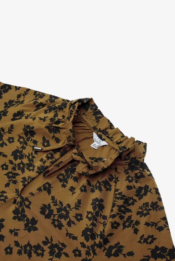 Tie Frill Neck Printed Midi Dress