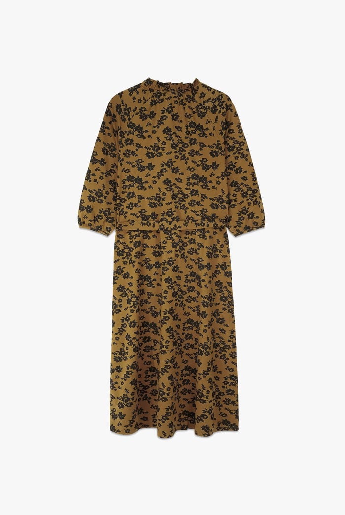Tie Frill Neck Printed Midi Dress