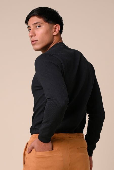 Mens Black Crew Neck Design Rib Sweatshirt