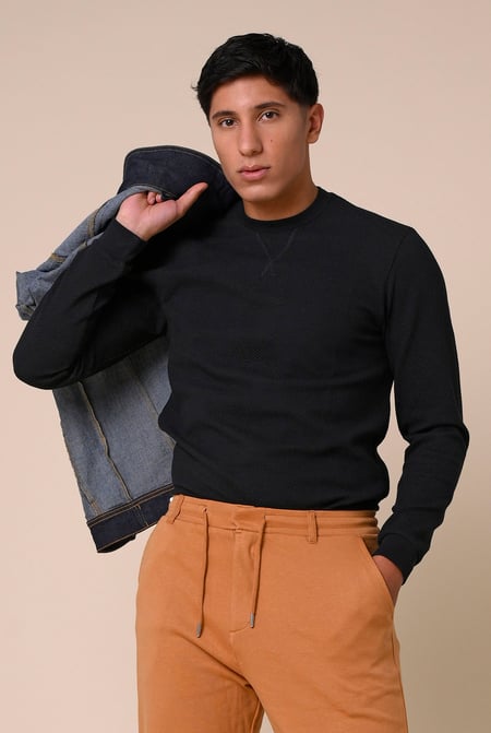 Mens Black Crew Neck Design Rib Sweatshirt
