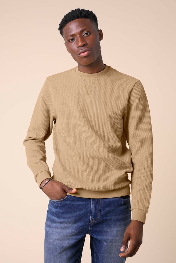 Mens Cream Crew Neck Design Rib Sweatshirt