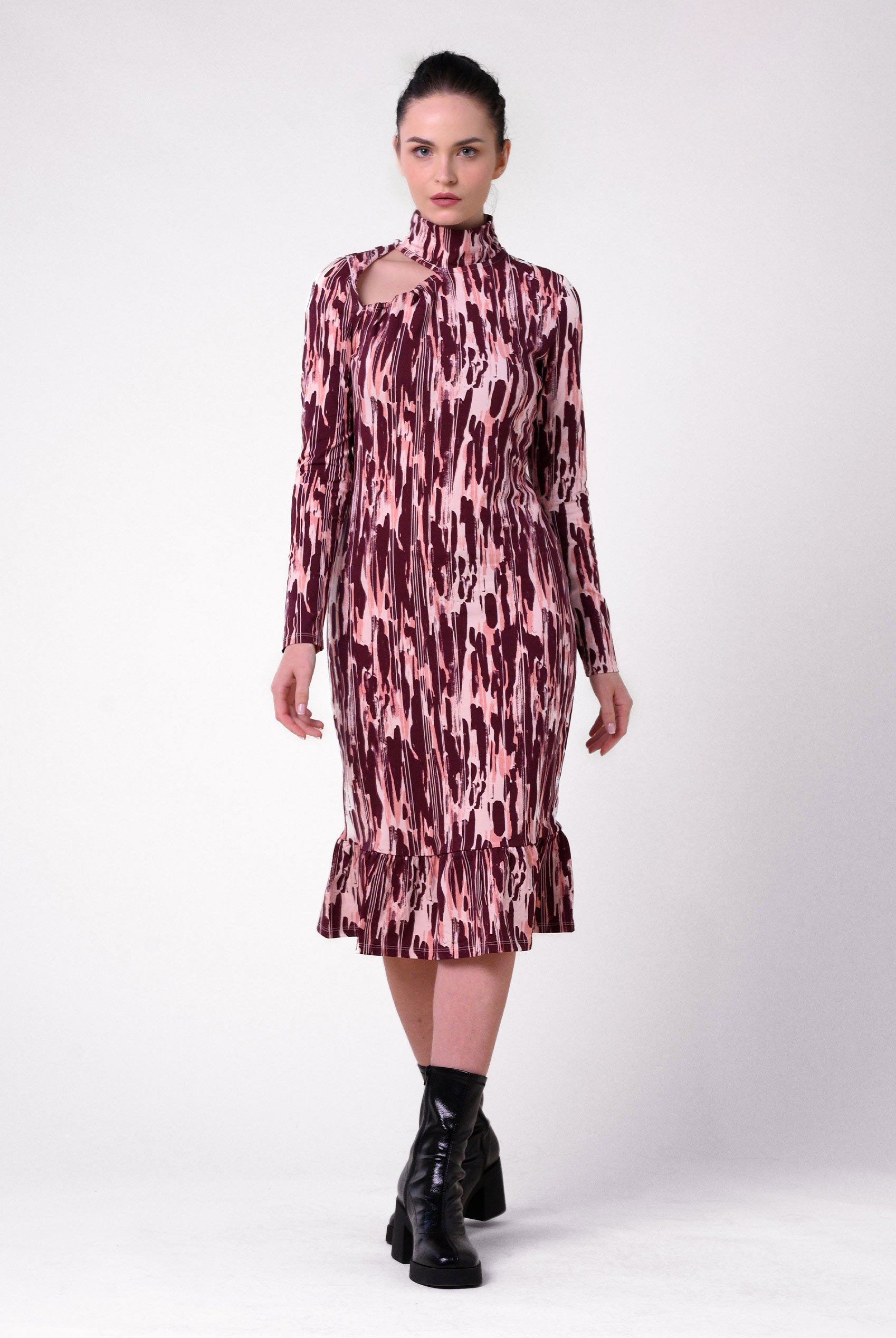 Womens Cut Out Printed Midi Flare Dress