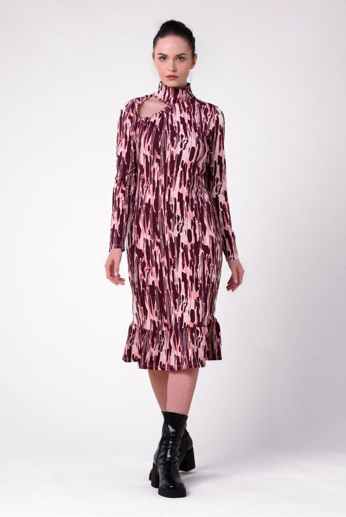 Womens Cut Out Printed Midi Flare Dress