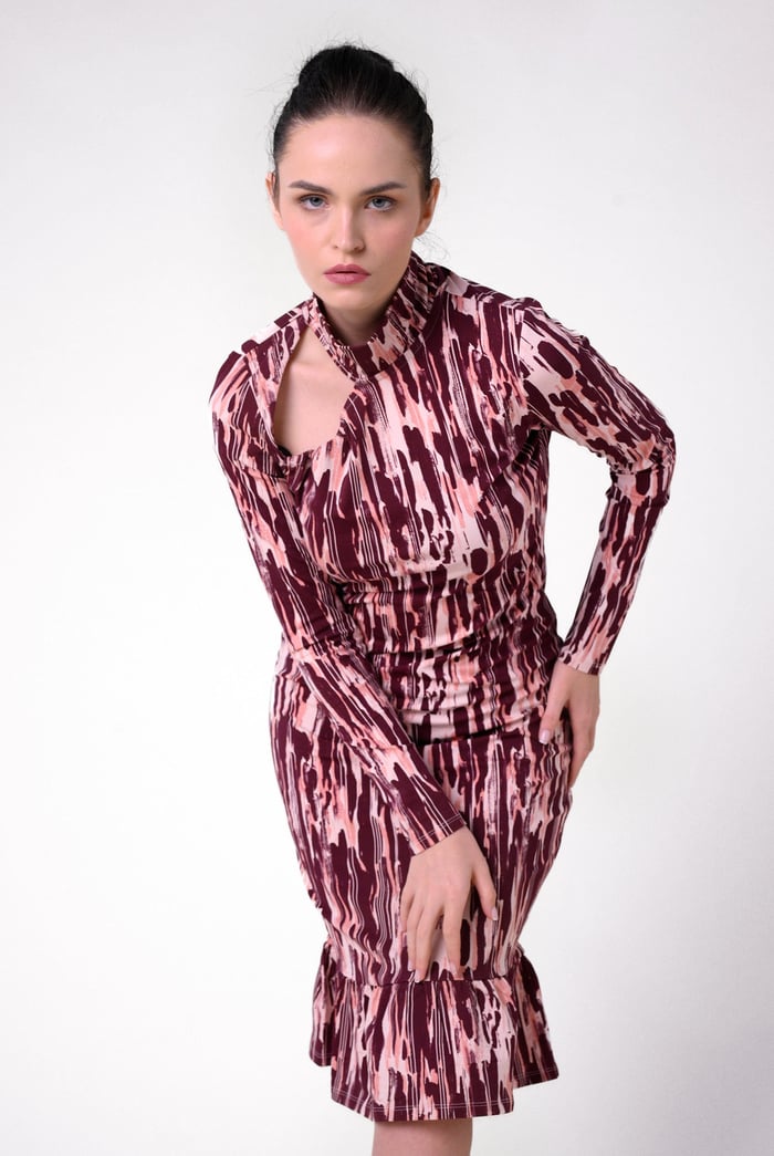 Womens Cut Out Printed Midi Flare Dress