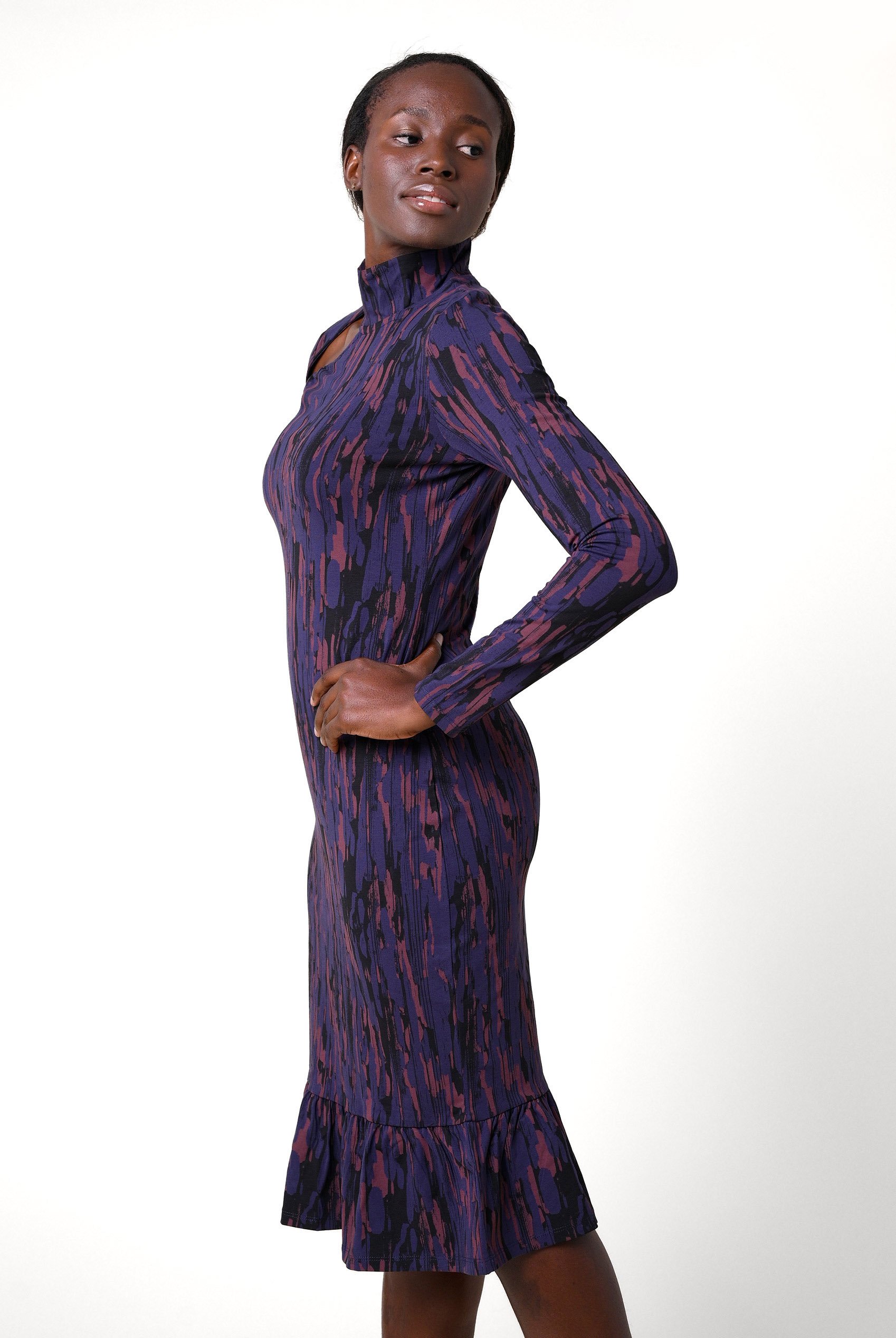 Womens Cut Out Printed Midi Flare Dress
