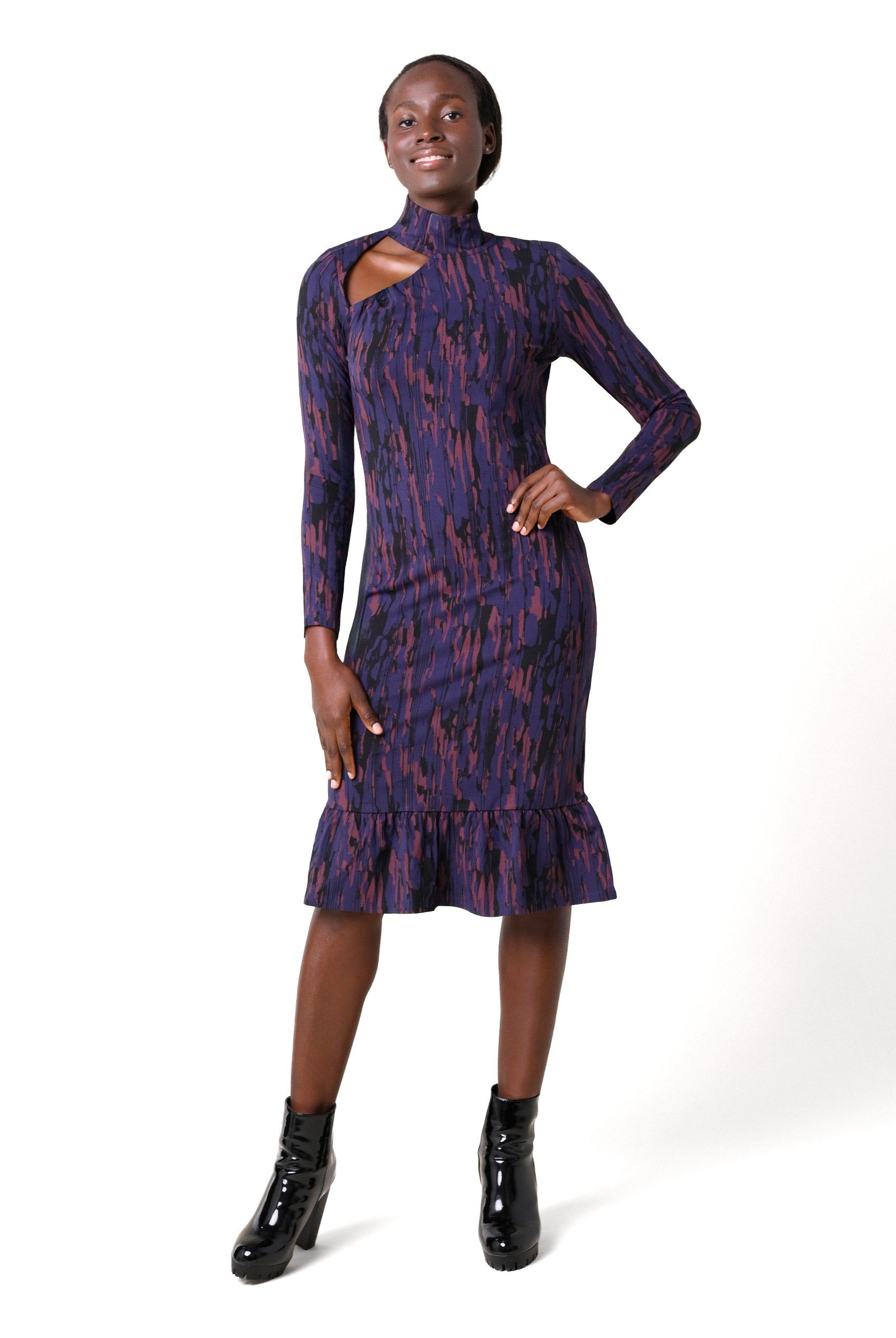 Womens Cut Out Printed Midi Flare Dress