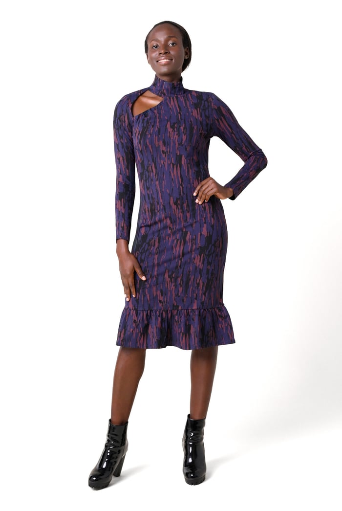Womens Cut Out Printed Midi Flare Dress