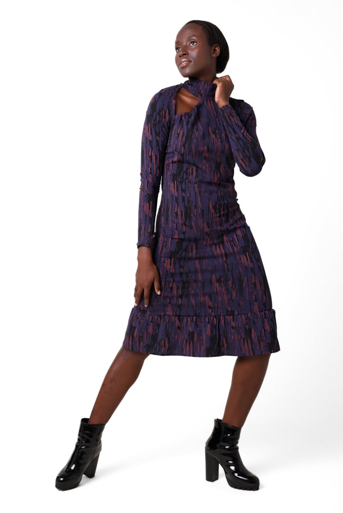 Womens Cut Out Printed Midi Flare Dress