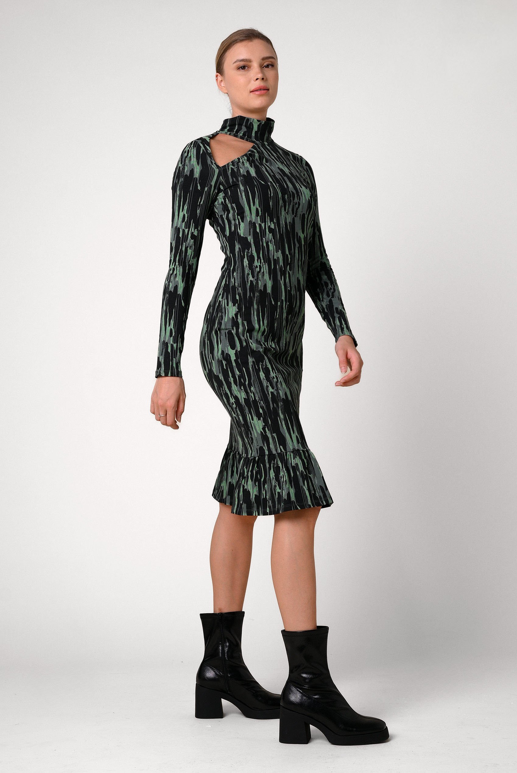 Womens Cut Out Printed Midi Flare Dress