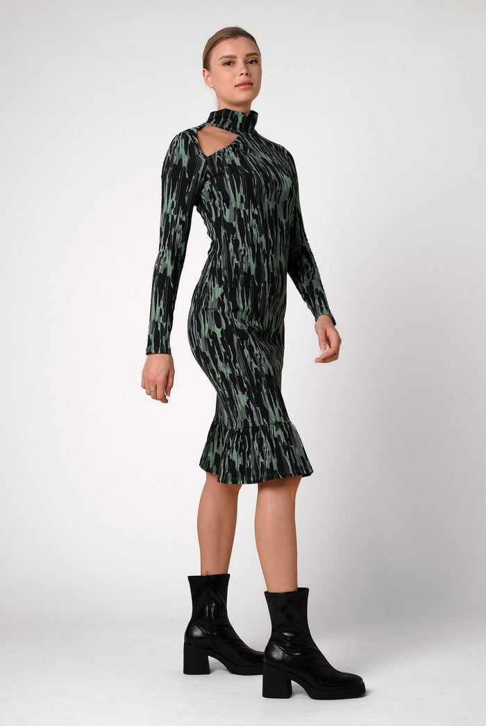 Womens Cut Out Printed Midi Flare Dress
