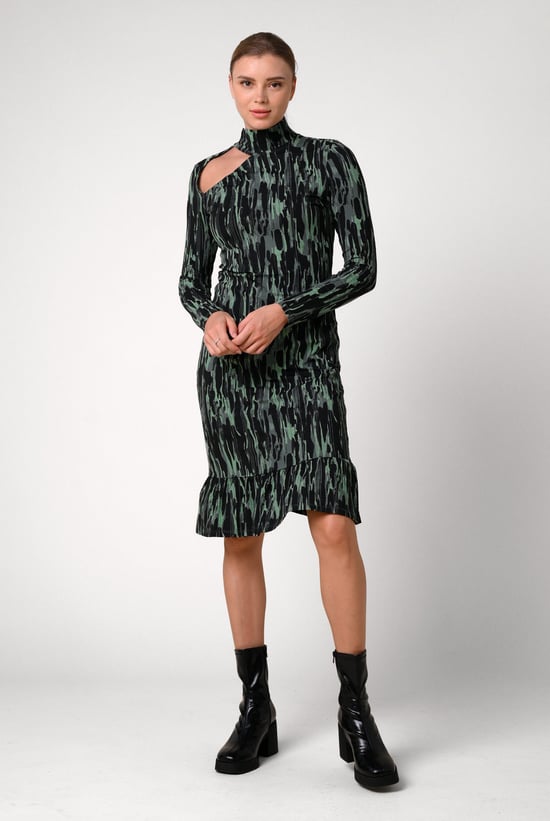 Womens Cut Out Printed Midi Flare Dress