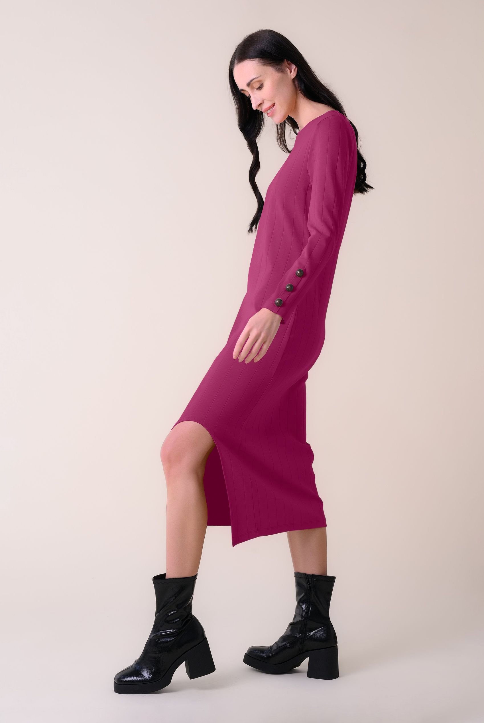 Ruched Button Decor Long Sleeve Tunic Dress