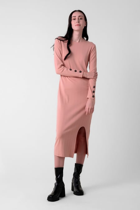 Cream Ruched Button Decor Long Sleeve Tunic Dress