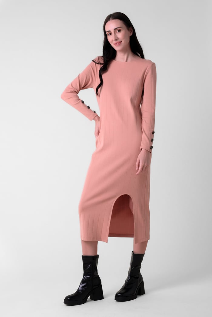 Ruched Button Decor Long Sleeve Tunic Dress