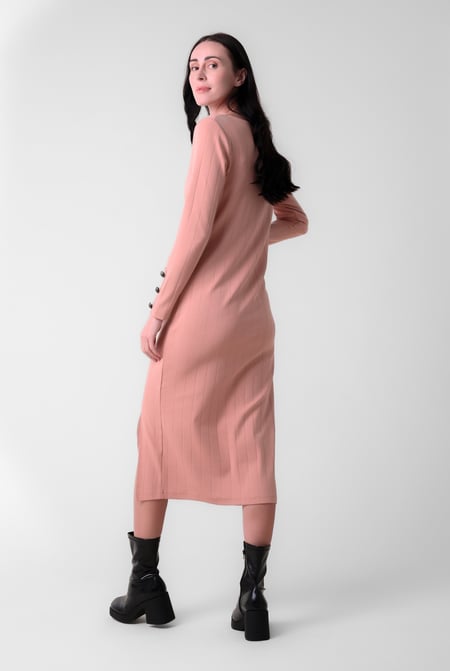 Cream Ruched Button Decor Long Sleeve Tunic Dress