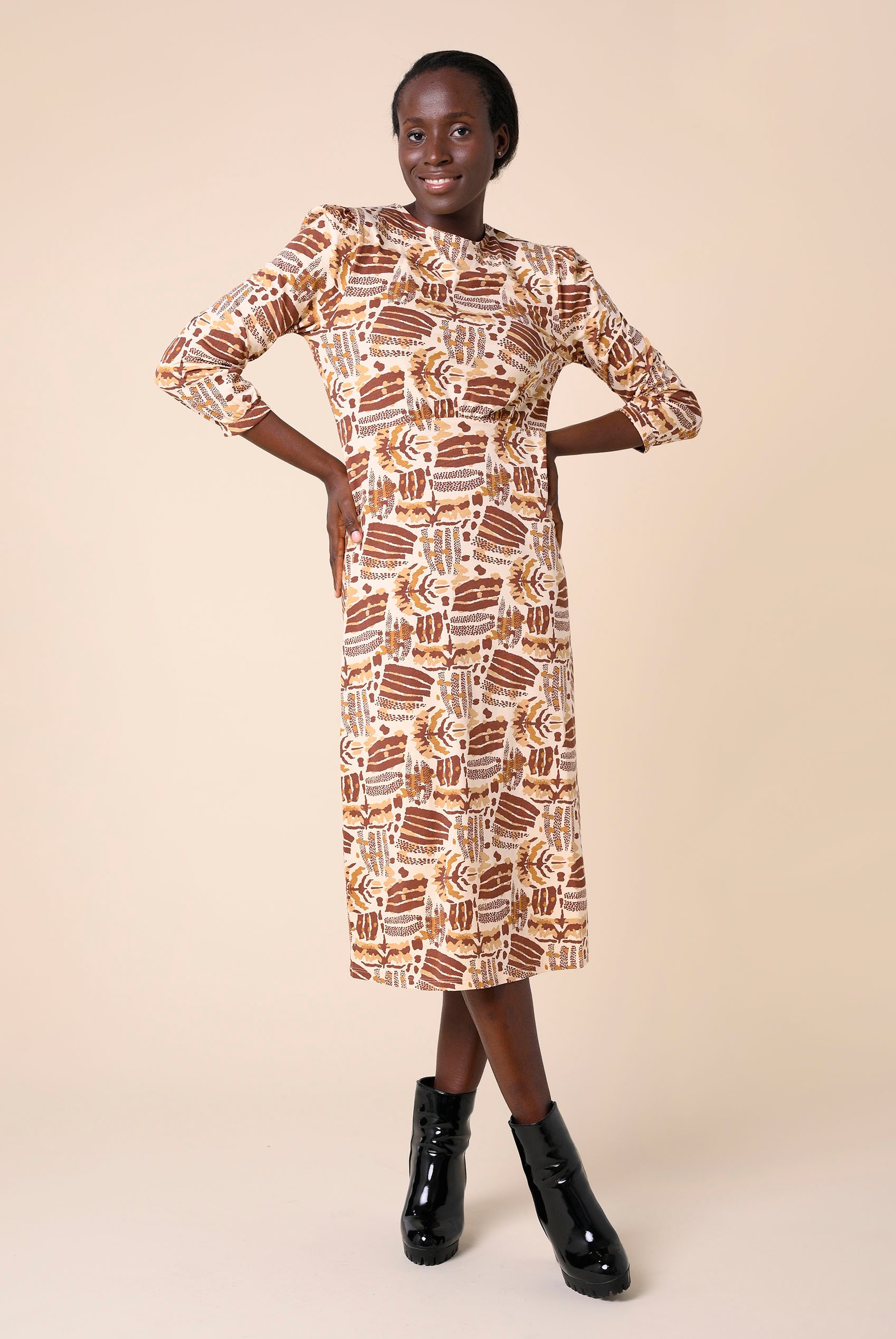 Women Abstract Print Wide Neck Midi Dress