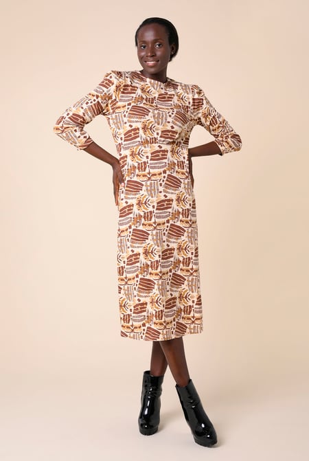 Women Black Abstract Print Wide Neck Midi Dress
