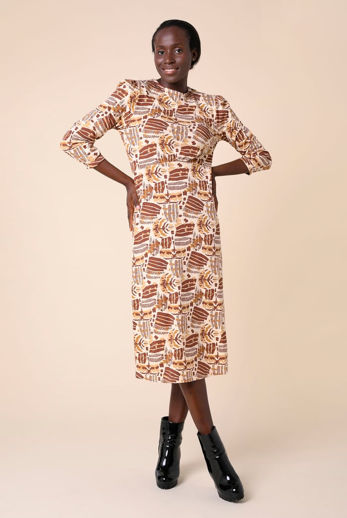 Women Abstract Print Wide Neck Midi Dress