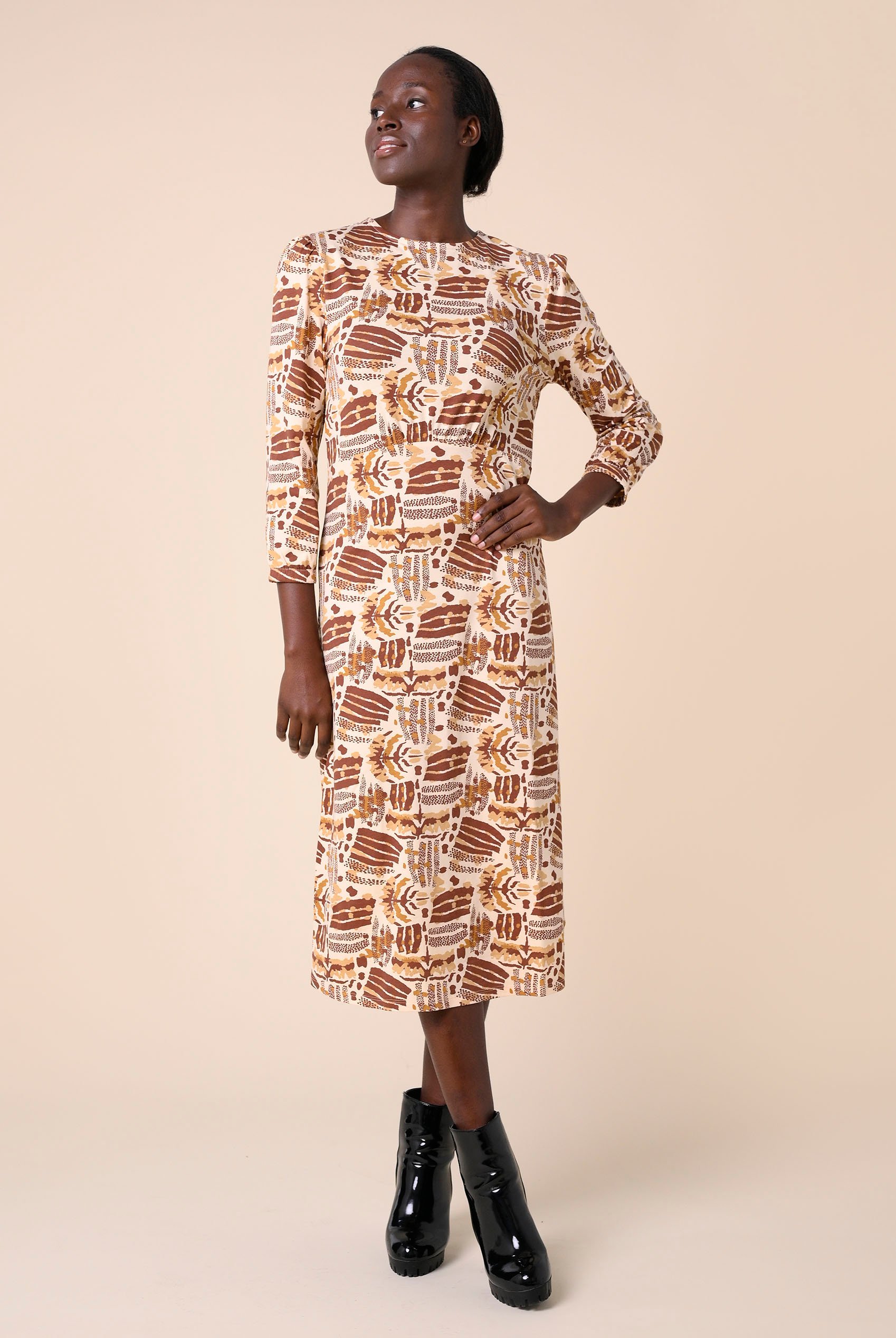 Women Abstract Print Wide Neck Midi Dress