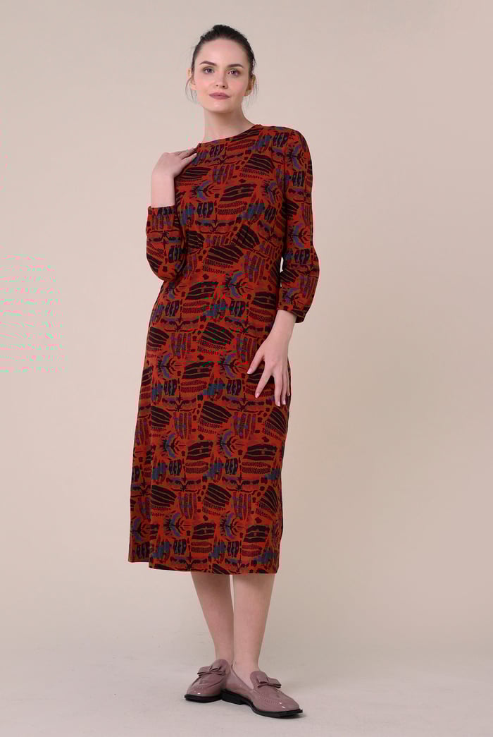 Women Abstract Print Wide Neck Midi Dress