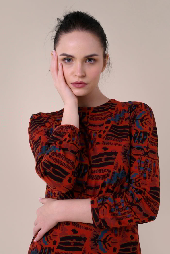 Women Abstract Print Wide Neck Midi Dress