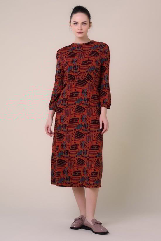 Women Abstract Print Wide Neck Midi Dress