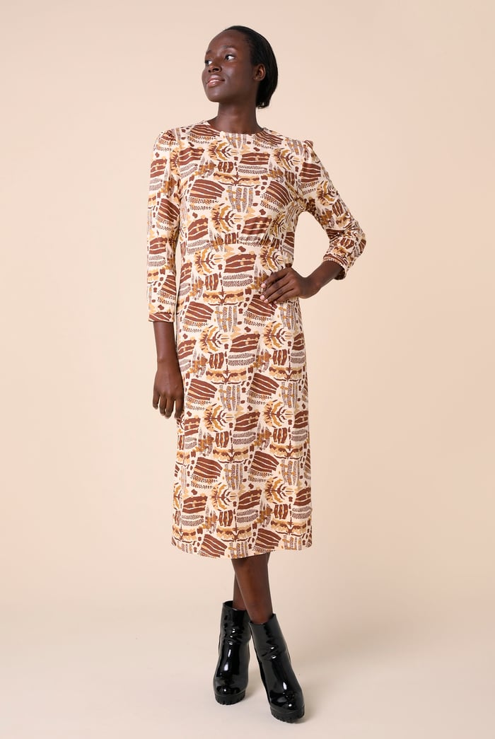 Women Abstract Print Wide Neck Midi Dress