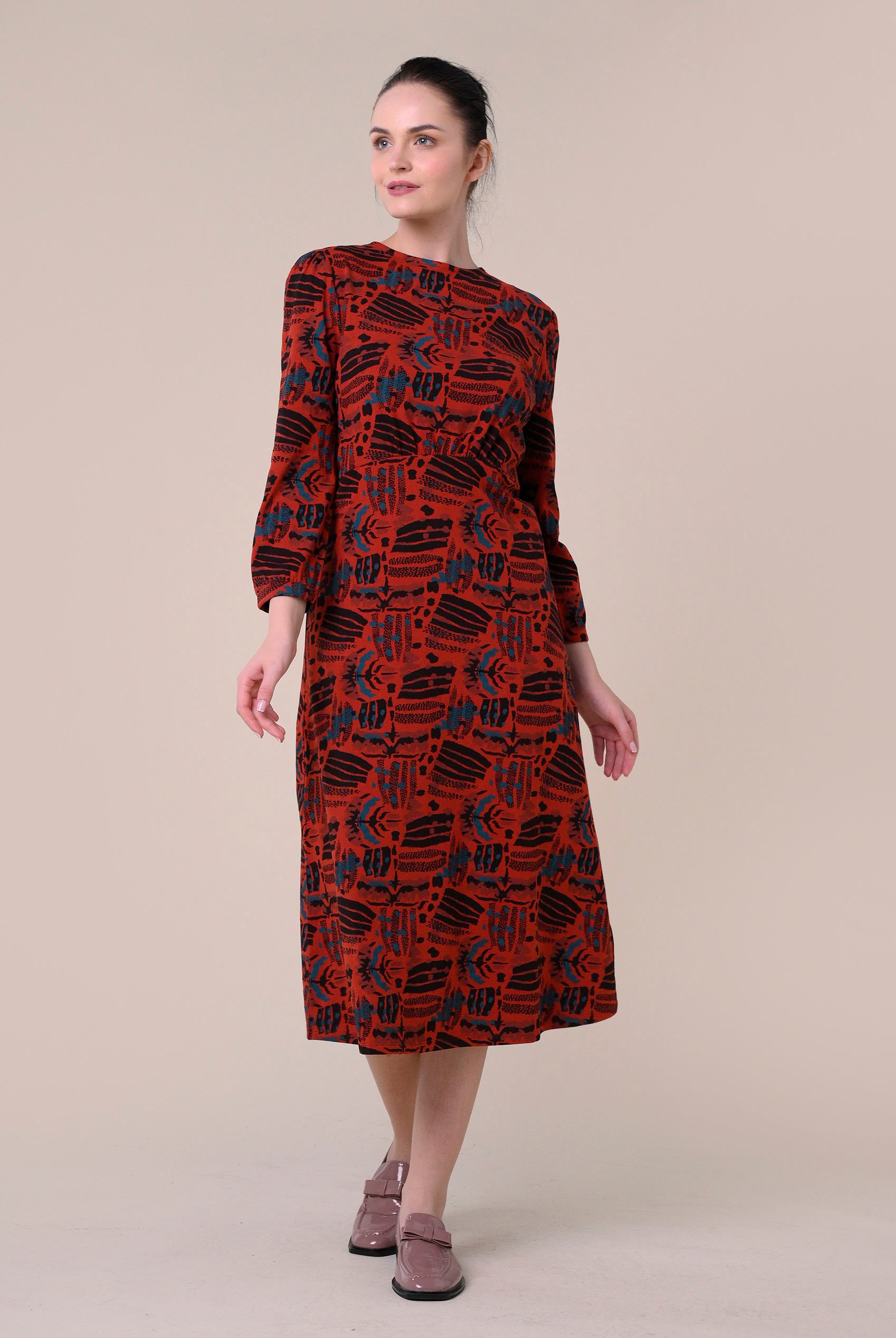 Women Abstract Print Wide Neck Midi Dress