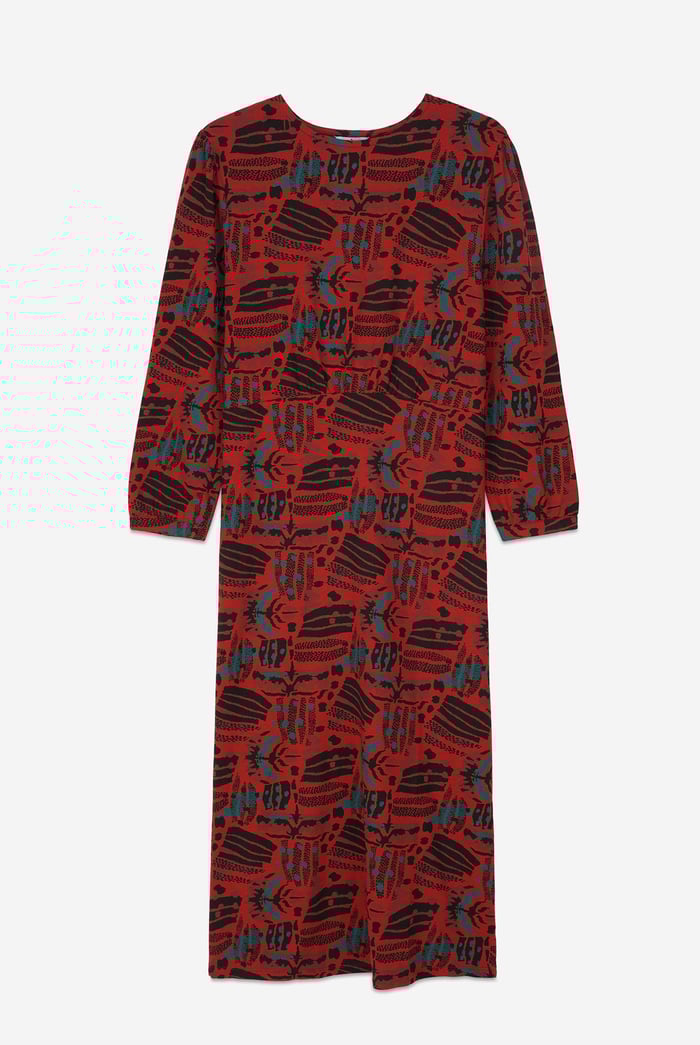 Women Abstract Print Wide Neck Midi Dress